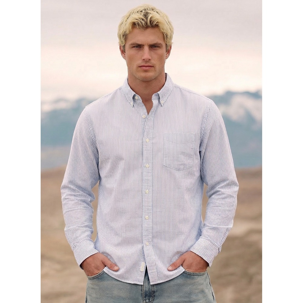 J.Crew Men's Blue Stripe Cotton Button‑Up Shirt Long Sleeve Pocket Size L